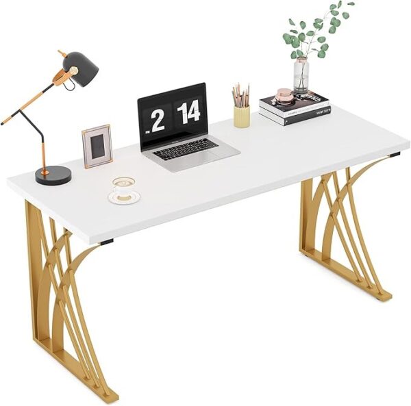 Modern White & Gold Computer Desk – Sturdy Writing & Vanity Table for Home & Office - Image 2