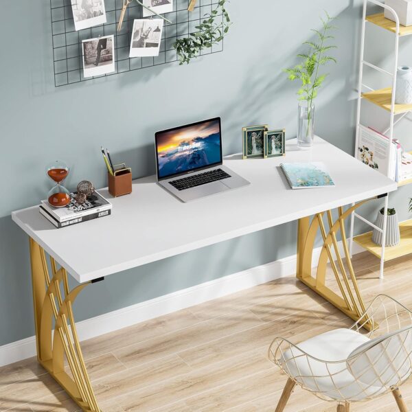 Modern White & Gold Computer Desk – Sturdy Writing & Vanity Table for Home & Office - Image 6
