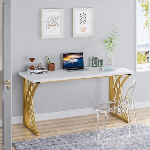 Modern White & Gold Computer Desk – Sturdy Writing & Vanity Table for Home & Office - Image 5