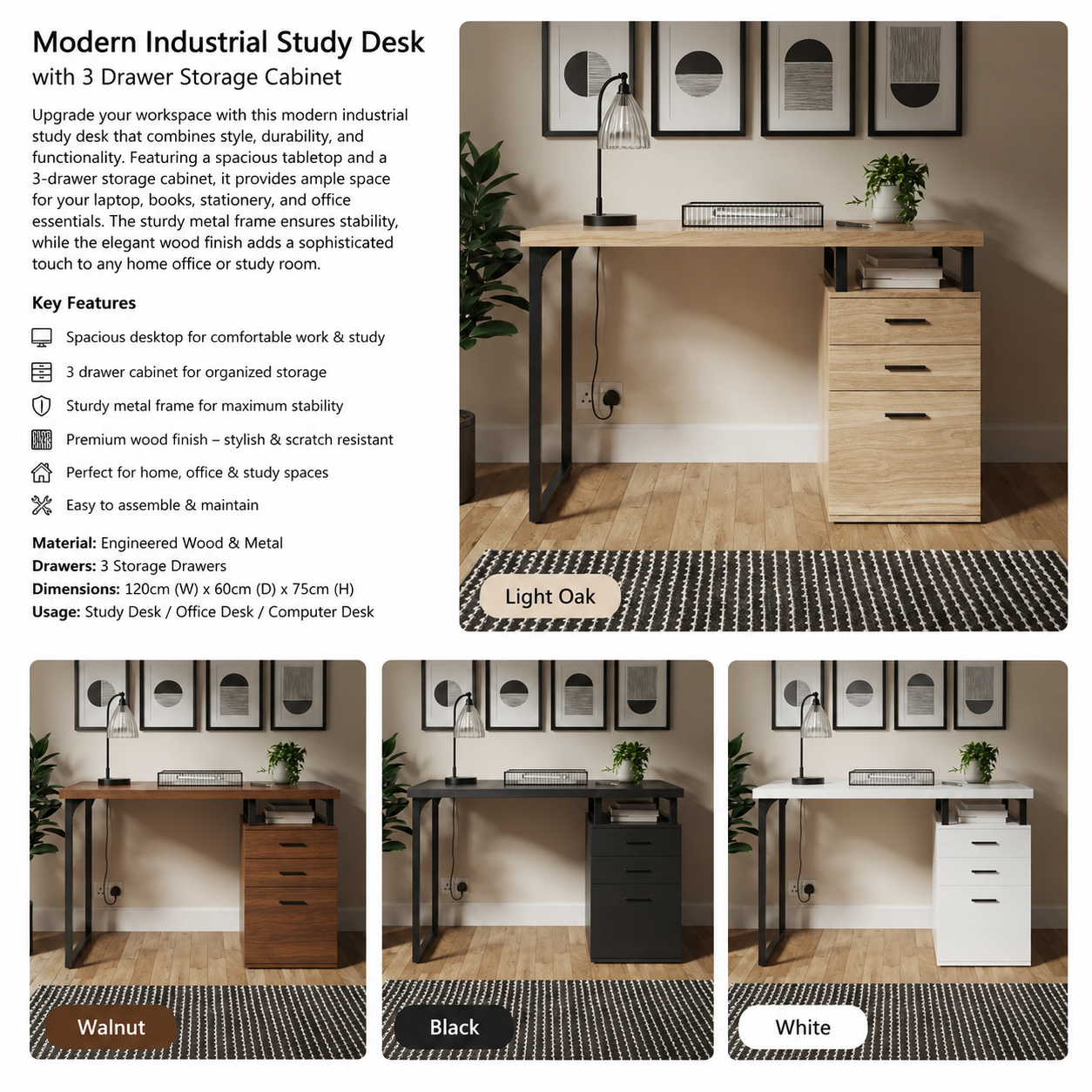 Modern Study Desk with 3 Drawer Storage | Office & Computer Table - Image 3