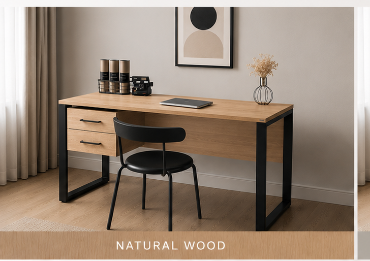 Modern Office Desk with Drawers | Wooden Computer Study Table with Metal Frame - Image 6