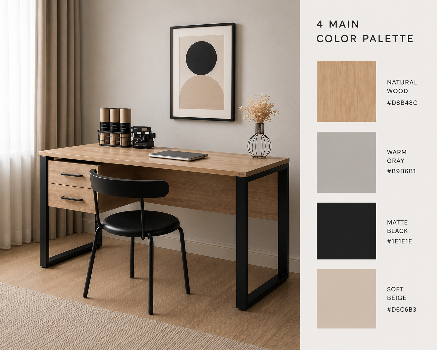Modern Office Desk with Drawers | Wooden Computer Study Table with Metal Frame - Image 2