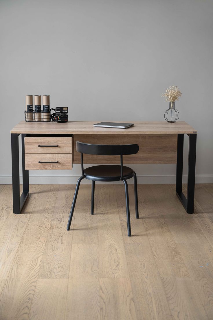 Modern Office Desk with Drawers | Wooden Computer Study Table with Metal Frame - Image 3