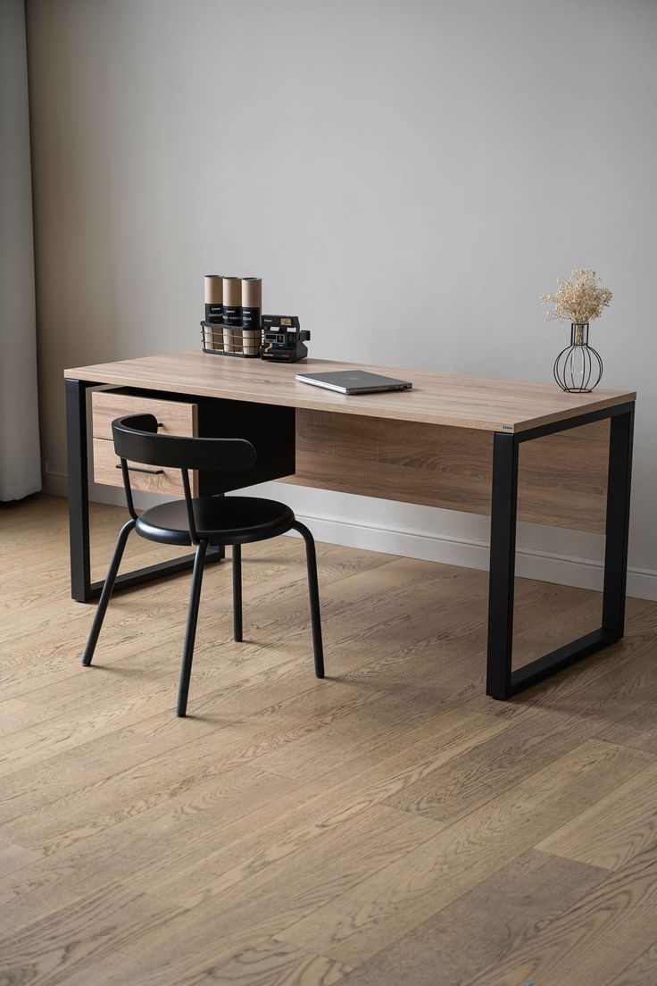 Modern Office Desk with Drawers | Wooden Computer Study Table with Metal Frame