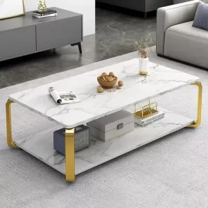 Modern Marble Look Coffee Table with 2-Tier Storage Shelf