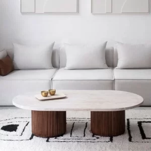 Modern Oval Coffee Table with Fluted Wooden Base