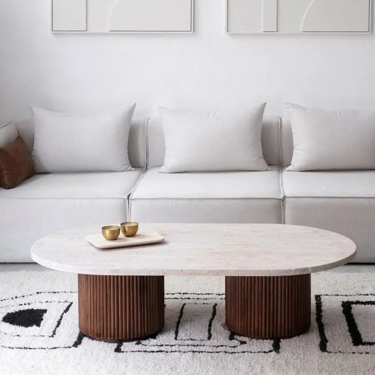 Modern Oval Coffee Table with Fluted Wooden Base