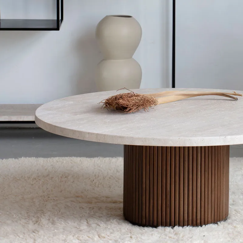 Modern Round Coffee Table Fluted Wooden Center Table with Round Top Living Room Furniture - Image 3