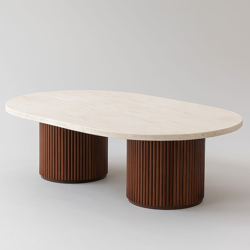 Modern Oval Coffee Table with Fluted Wooden Base - Image 2