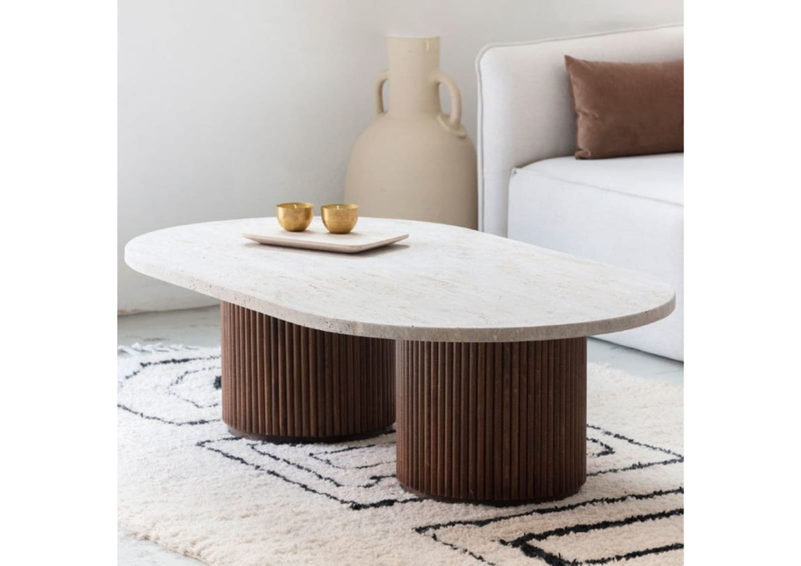 Modern Oval Coffee Table with Fluted Wooden Base - Image 3