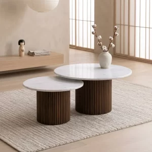 Modern Round Coffee Table Fluted Wooden Center Table with Round Top Living Room Furniture