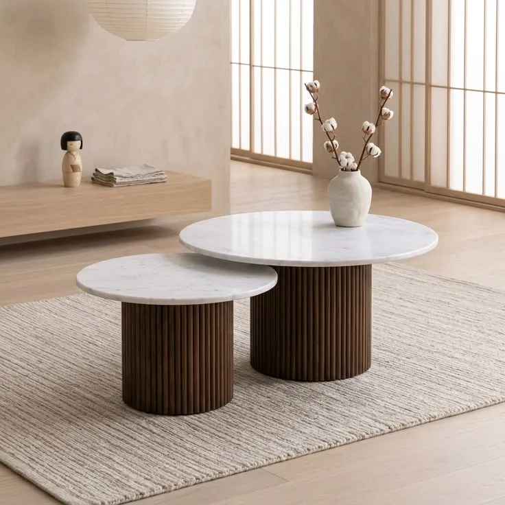Modern Round Coffee Table Fluted Wooden Center Table with Round Top Living Room Furniture